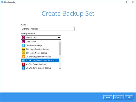 3. Select the Backup Set Type “MS SQL Server Backup”.