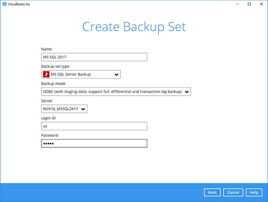 4. Enter the backup set name, i.e. MS SQL Server (daily). Next select the backup mode, i.e. VSS. Then enter the MS SQL Server login details. Click “Next” to continue.