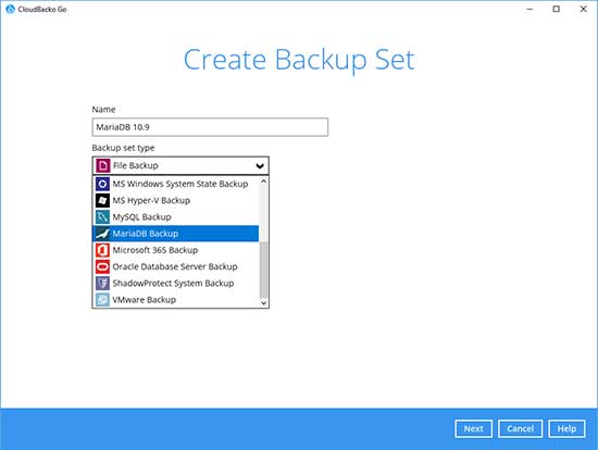 3. Select the Backup Set Type “MS SQL Server Backup”.