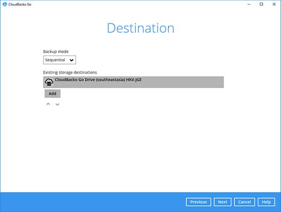 7. Select a storage destination, i.e. CloudBacko Drive. Click “OK” to continue.