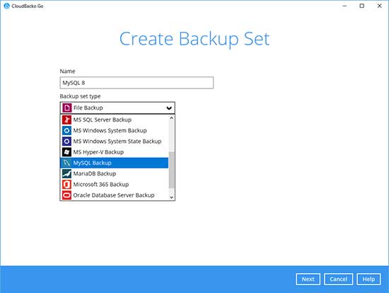 3. Select the Backup Set Type “MS SQL Server Backup”.