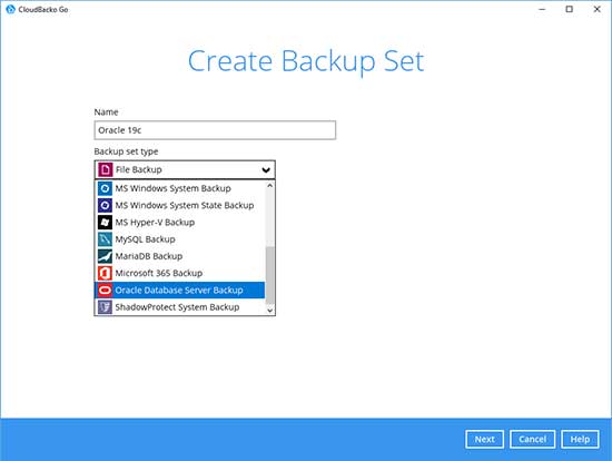 3. Select the Backup Set Type “MS SQL Server Backup”.