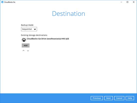 7. Select a storage destination, i.e. CloudBacko Drive. Click “OK” to continue.