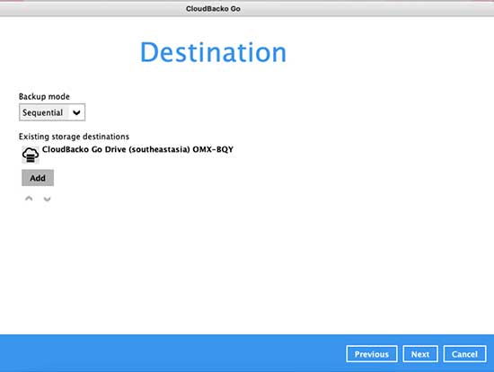 7. Select a storage destination, i.e. CloudBacko Drive. Click “OK” to continue.
