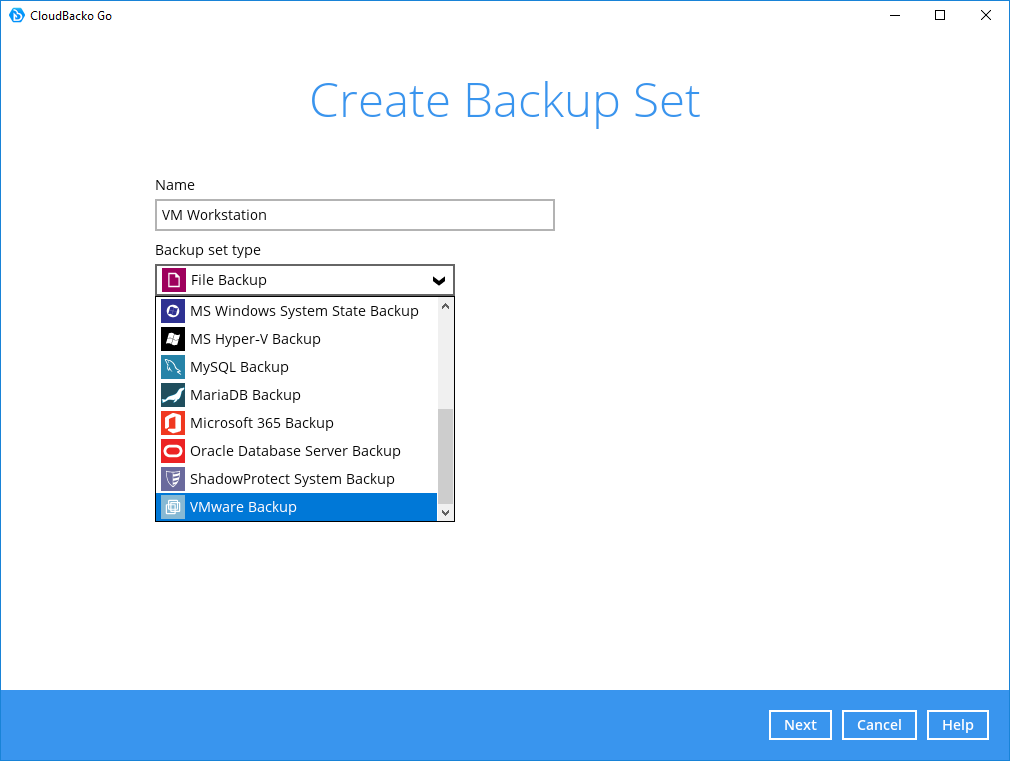 3. Select the Backup Set Type “MS SQL Server Backup”.