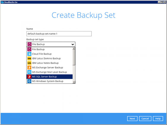 3. Select the Backup Set Type “MS SQL Server Backup”.
