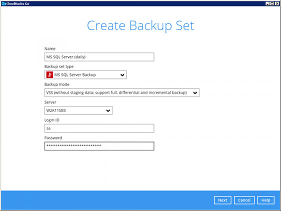 4. Enter the backup set name, i.e. MS SQL Server (daily). Next select the backup mode, i.e. VSS. Then enter the MS SQL Server login details. Click “Next” to continue.