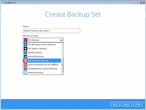 3. Select to Create a File (default) or Microsoft 365 backup set. Then click on [Next] to continue or click on [Close]    to create your backup sets later. 