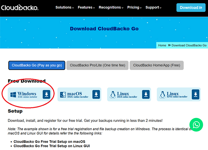 Download Cloudbacko Windows installer