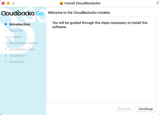 Cloudbacko macOS 安裝程序歡迎屏幕